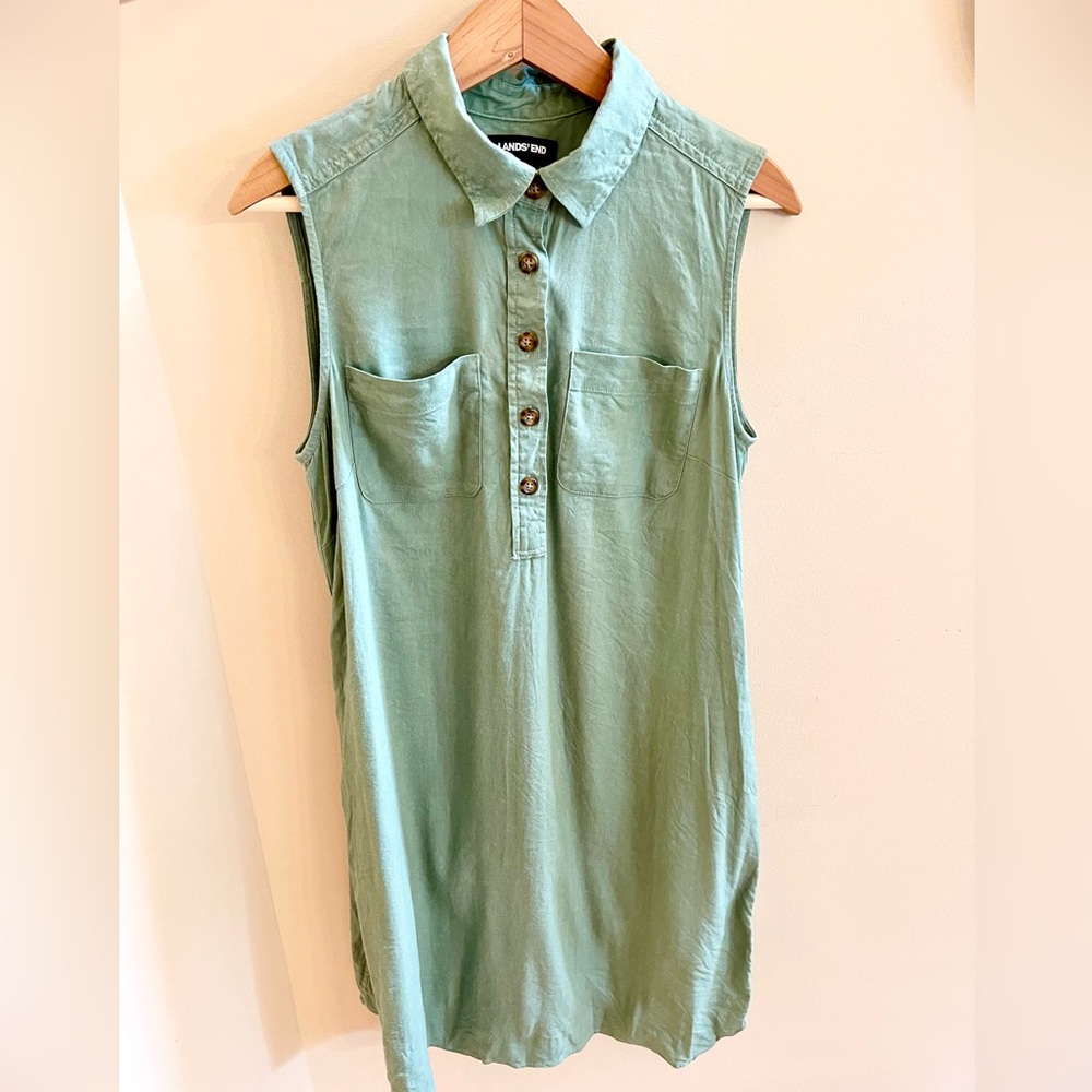 Lands End Women’s Size 10 Green Linen Dress Sleeveless Above The Knee